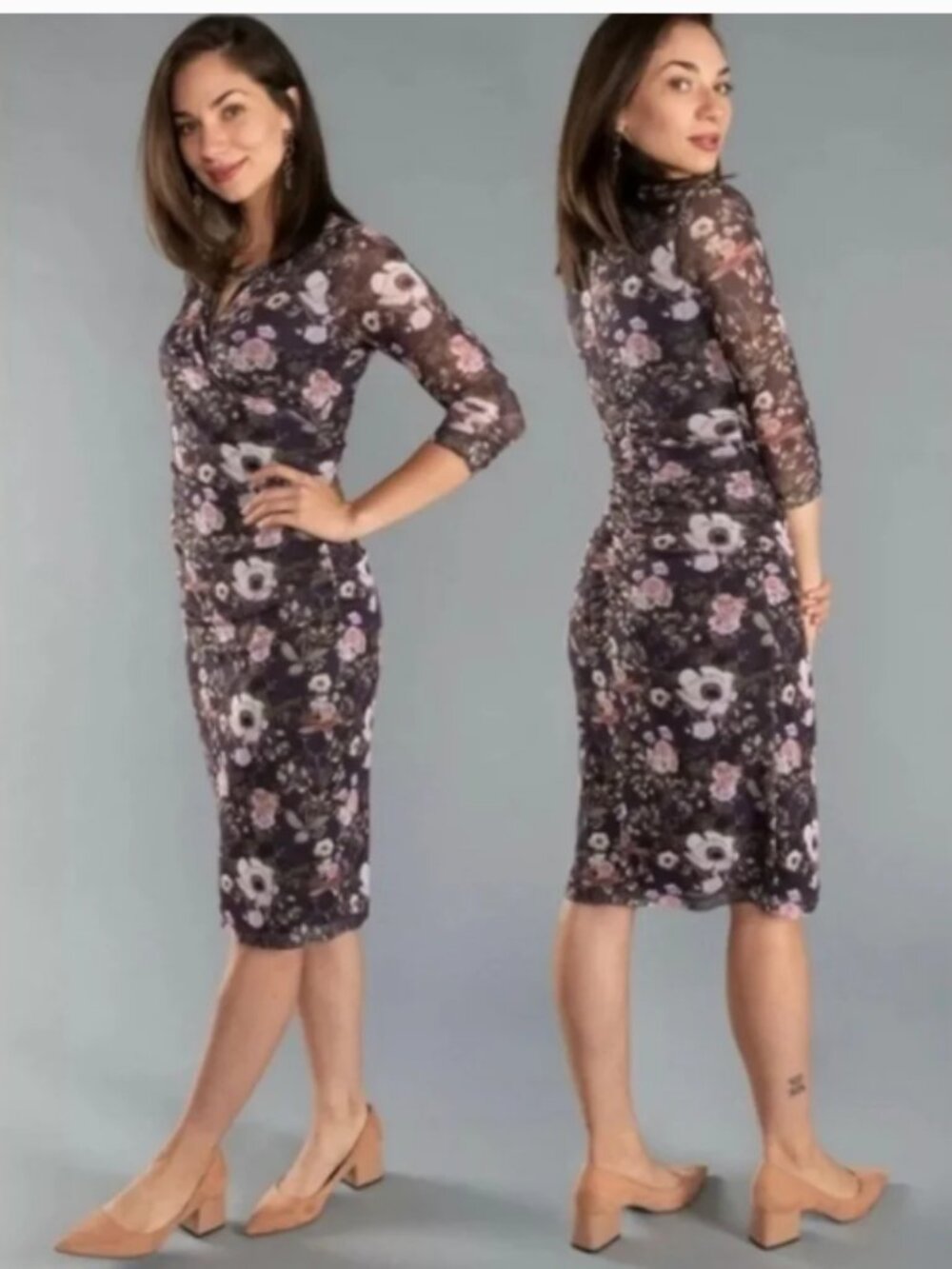 Betabrand Wanderlite Travel Purple Floral Midi Cocktail Dress (Women's Small)
